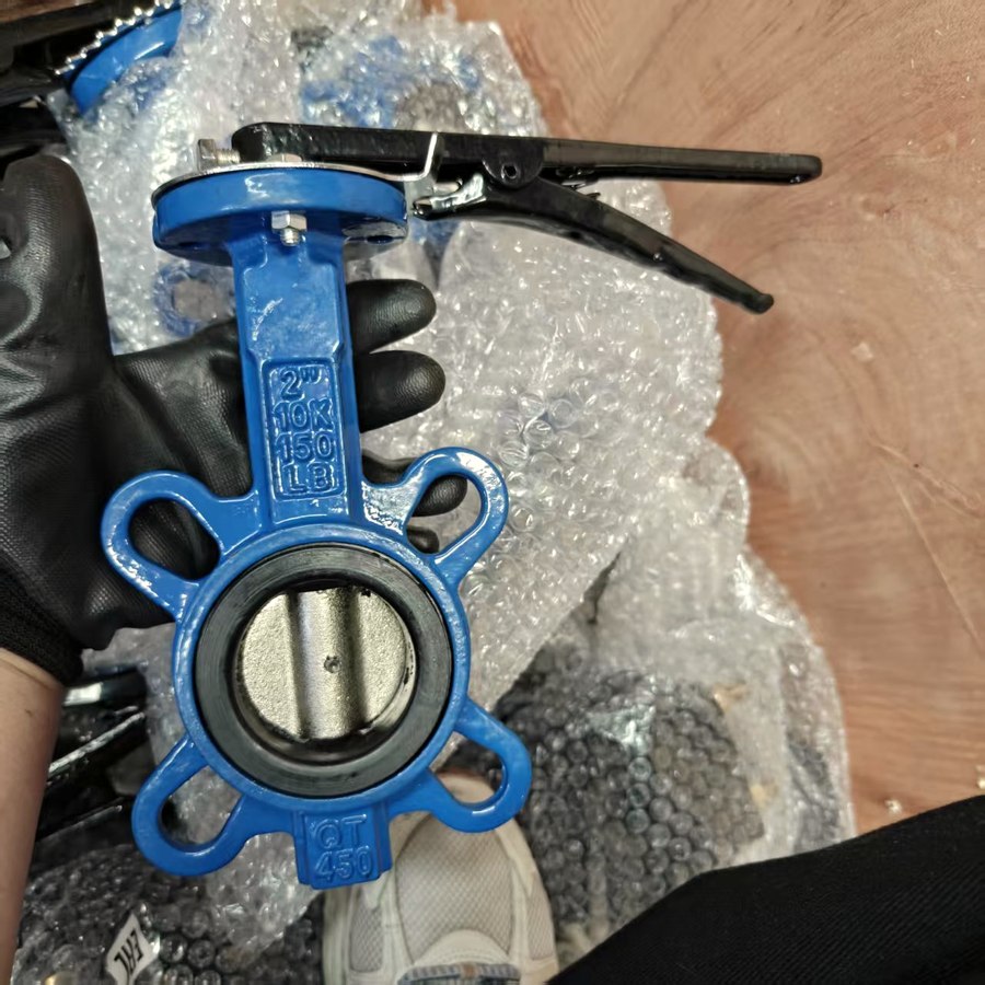 Wafer butterfly valve held in hand, DN cast on the body
