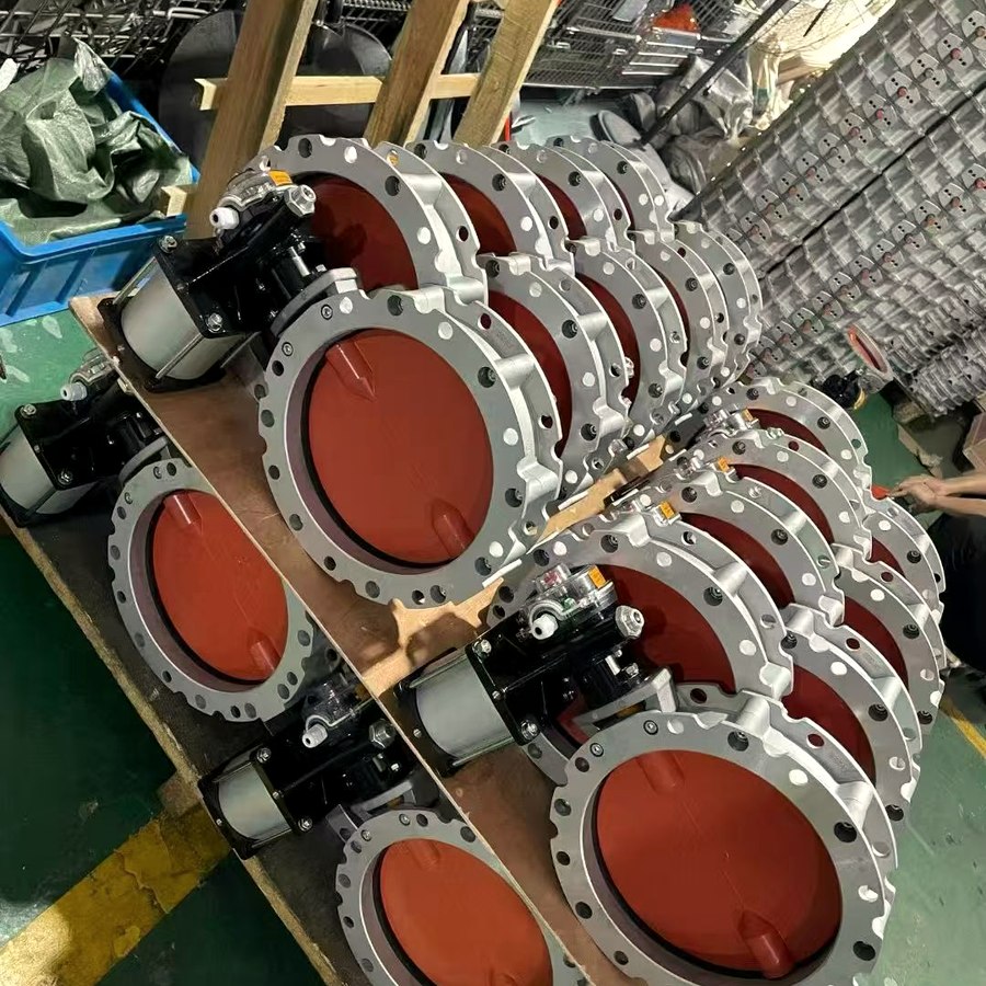 Racked wafer butterfly valves with red discs