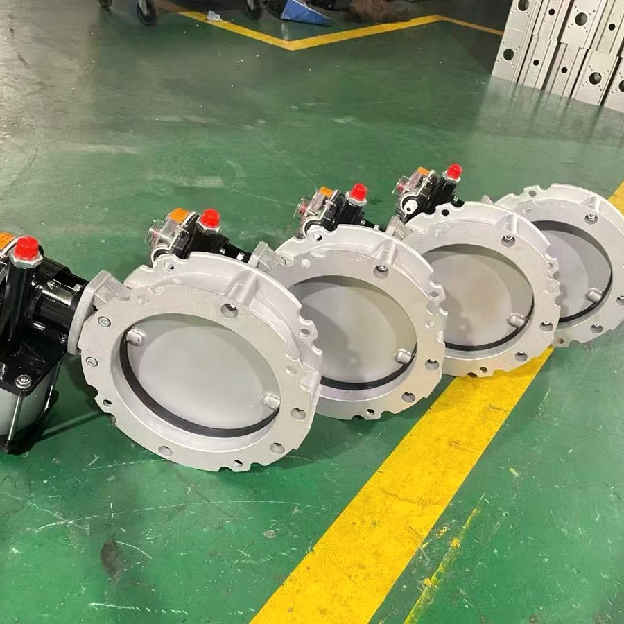 Three actuated wafer butterfly valves side by side